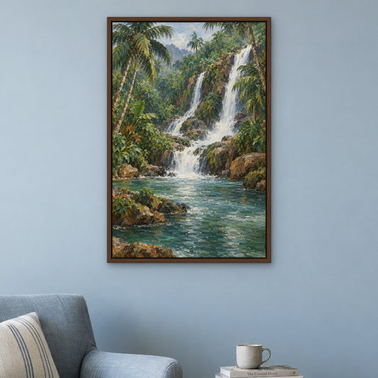 Jungle Falls, green landscape hand-painted canvas wall art in a reading corner – Gallery 23