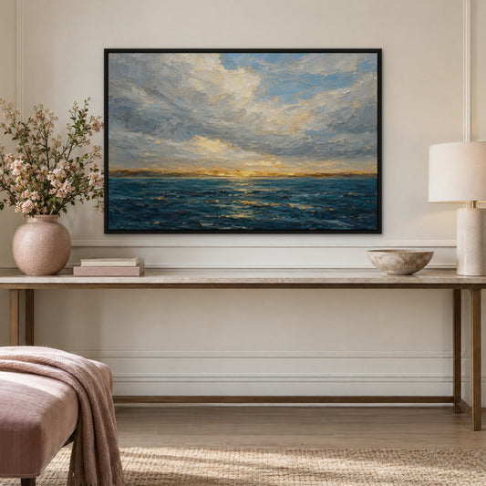 Gilded Sea Line, teal abstract hand-painted canvas wall art in a hallway – Gallery 23
