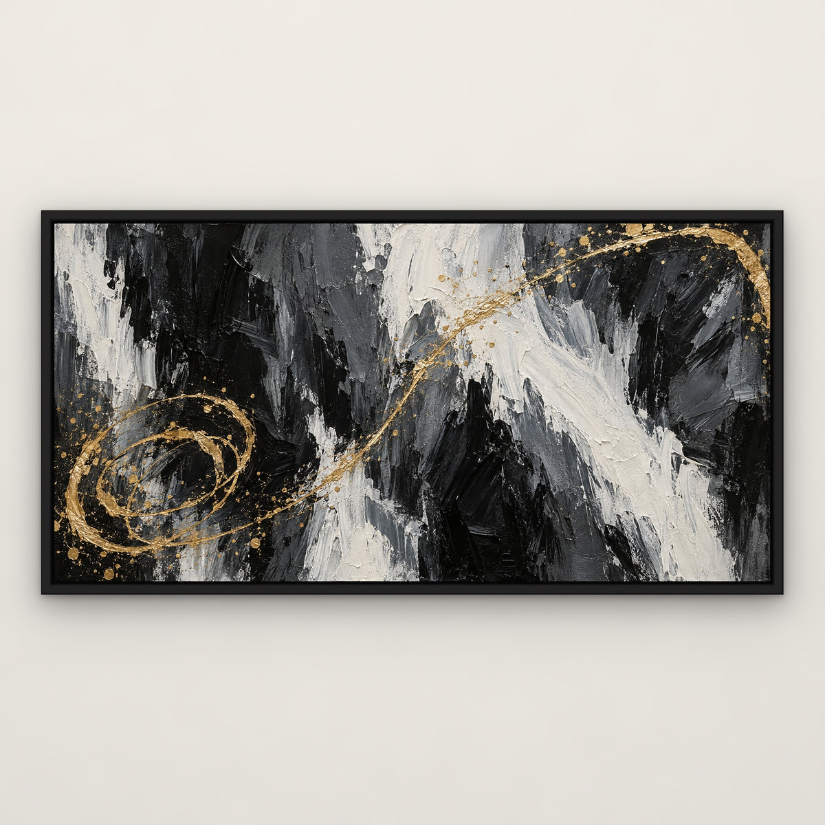 Gold Lasso Sweep, black and white abstract hand-painted canvas wall art in a slim black float frame – Gallery 23