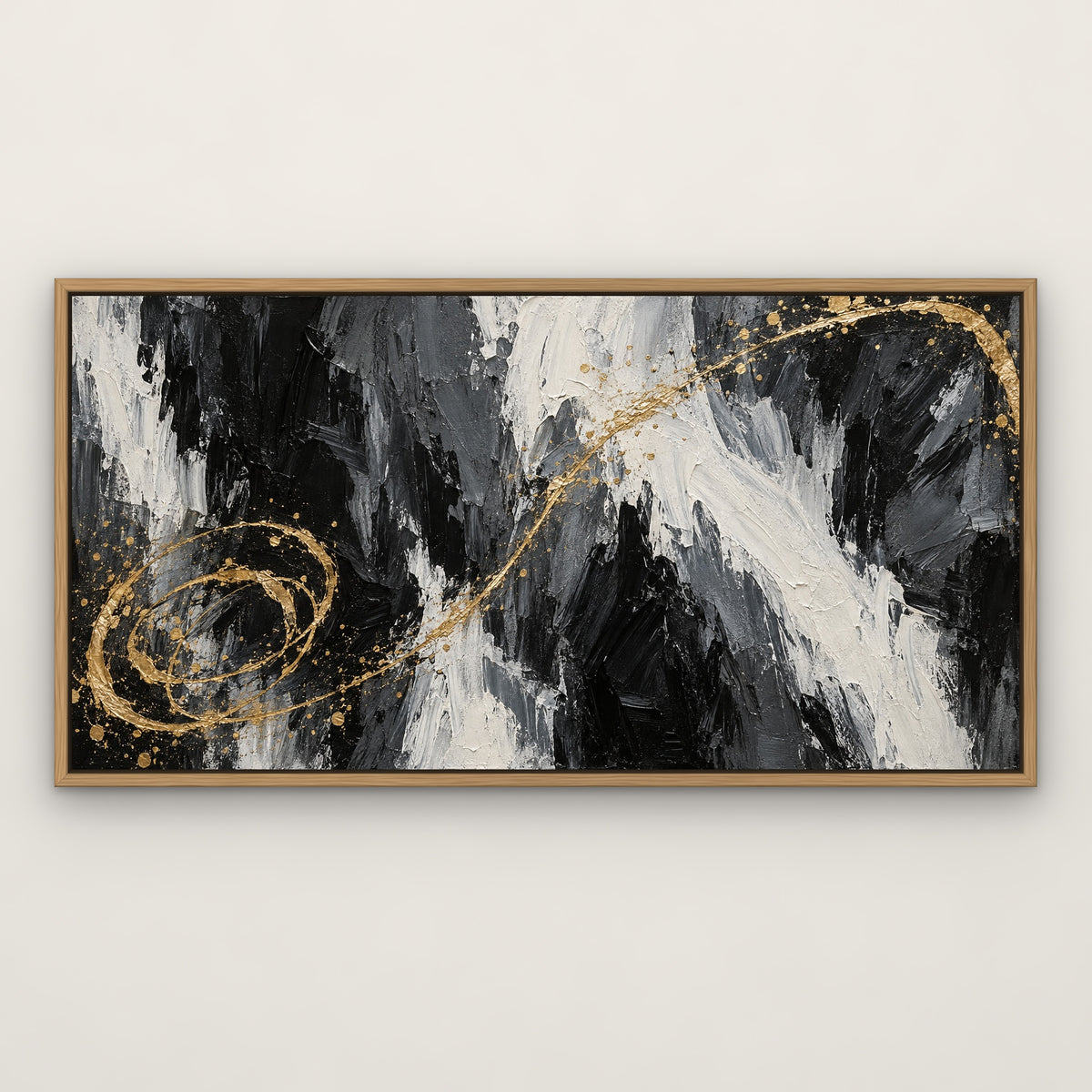 Gold Lasso Sweep, black and white abstract hand-painted canvas wall art in a slim oak float frame – Gallery 23