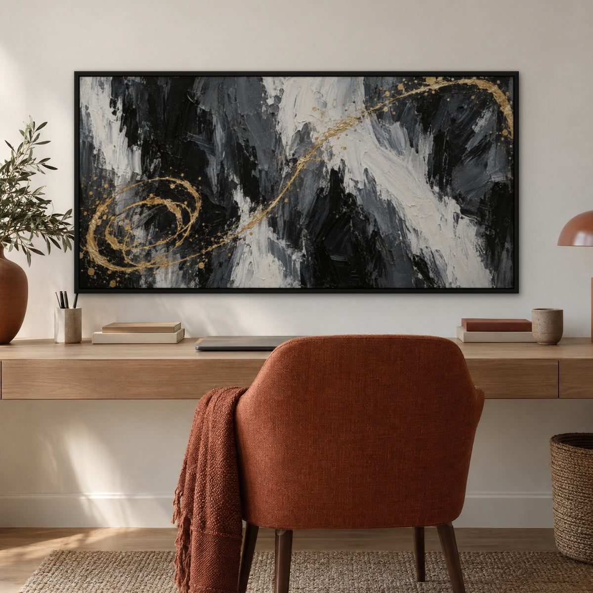 Gold Lasso Sweep, black and white abstract hand-painted canvas wall art in a home office – Gallery 23