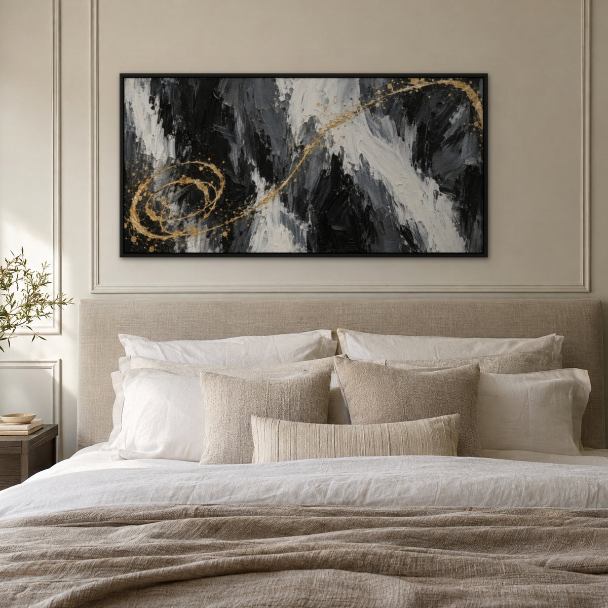 Gold Lasso Sweep, black and white abstract hand-painted canvas wall art in a bedroom – Gallery 23