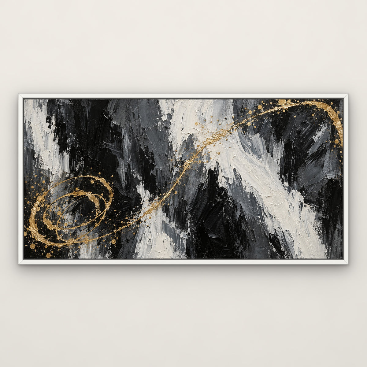 Gold Lasso Sweep, black and white abstract hand-painted canvas wall art in a slim white float frame – Gallery 23
