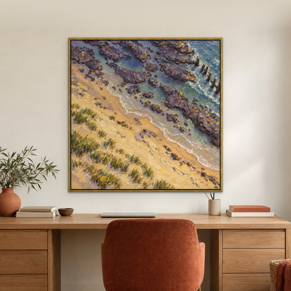 Lilac Gold Shoreline, yellow seascape hand-painted canvas wall art in a home office – Gallery 23