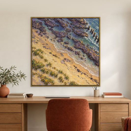 Lilac Gold Shoreline, yellow seascape hand-painted canvas wall art in a home office – Gallery 23