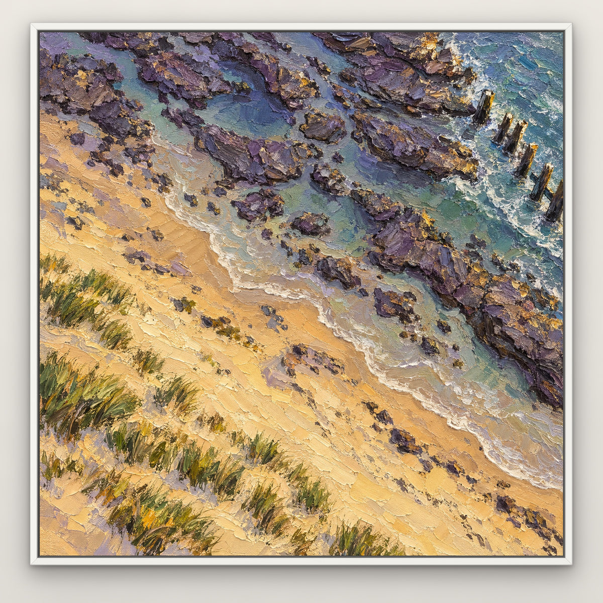 Lilac Gold Shoreline, yellow seascape hand-painted canvas wall art in a slim white float frame – Gallery 23