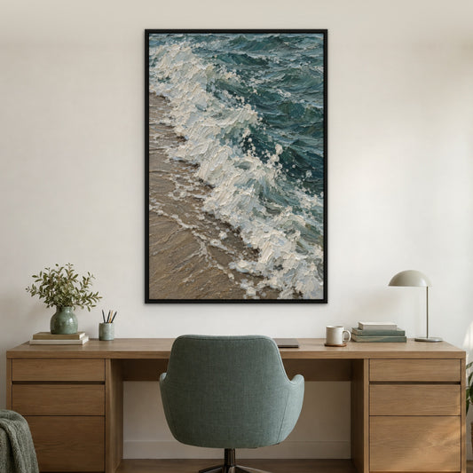Sage Foam Line, grey seascape hand-painted canvas wall art in a home office – Gallery 23