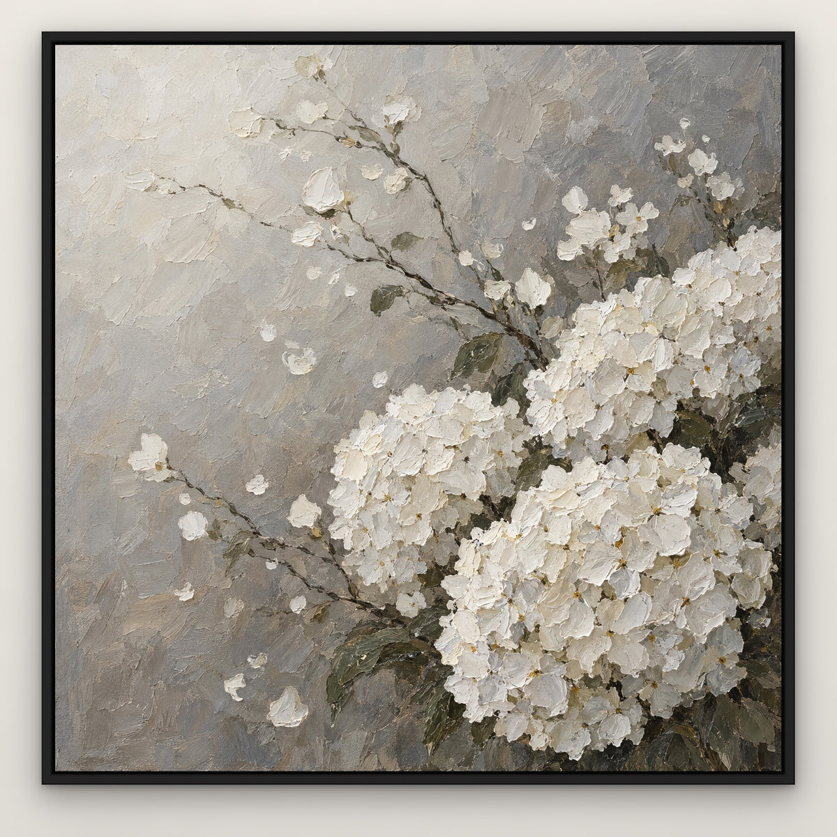 White Hydrangea Haze, neutral floral hand-painted canvas wall art in a slim black float frame – Gallery 23
