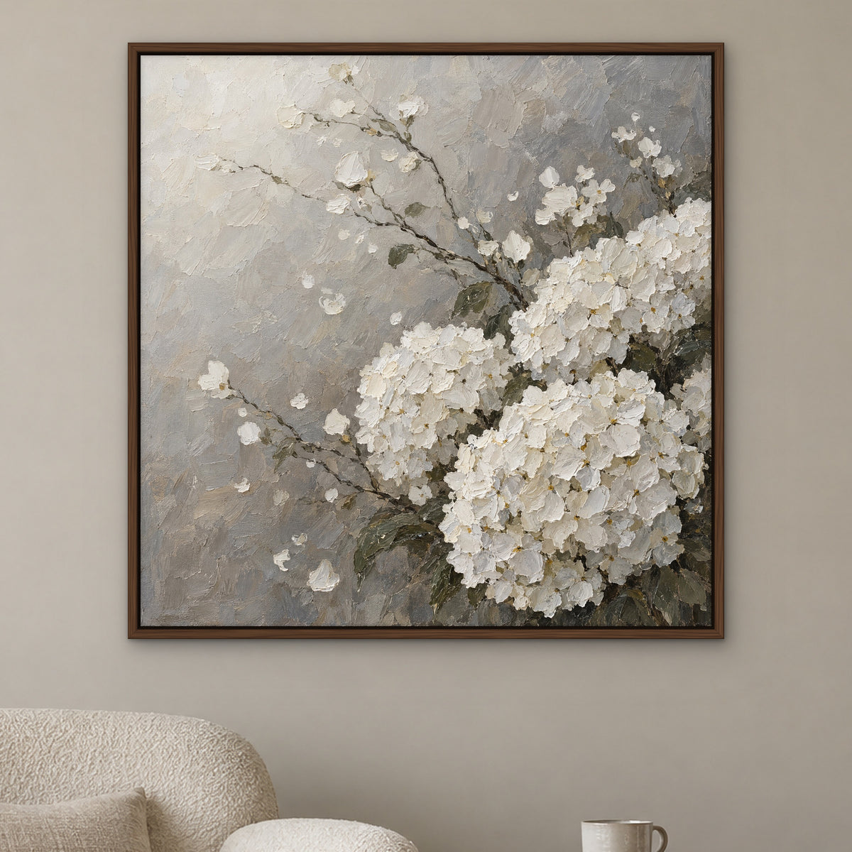 White Hydrangea Haze, neutral floral hand-painted canvas wall art in a reading corner – Gallery 23