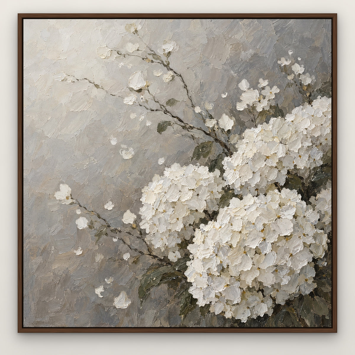 White Hydrangea Haze, neutral floral hand-painted canvas wall art in a slim walnut float frame – Gallery 23