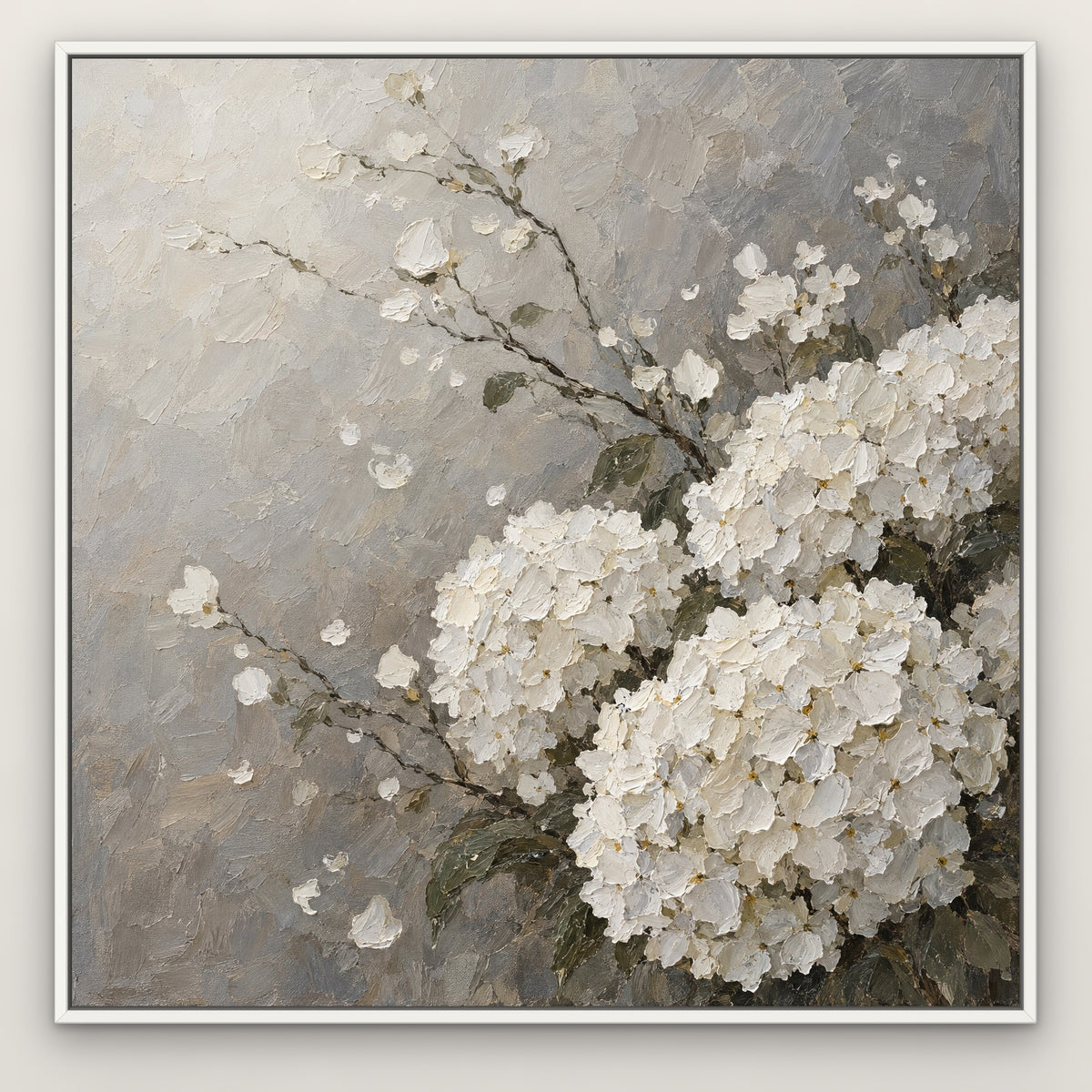 White Hydrangea Haze, neutral floral hand-painted canvas wall art in a slim white float frame – Gallery 23