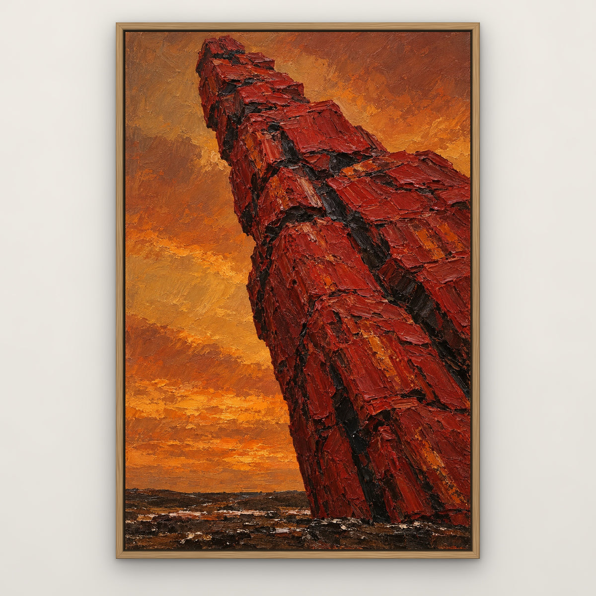 Crimson Totem, colourful abstract hand-painted canvas wall art in a slim oak float frame – Gallery 23