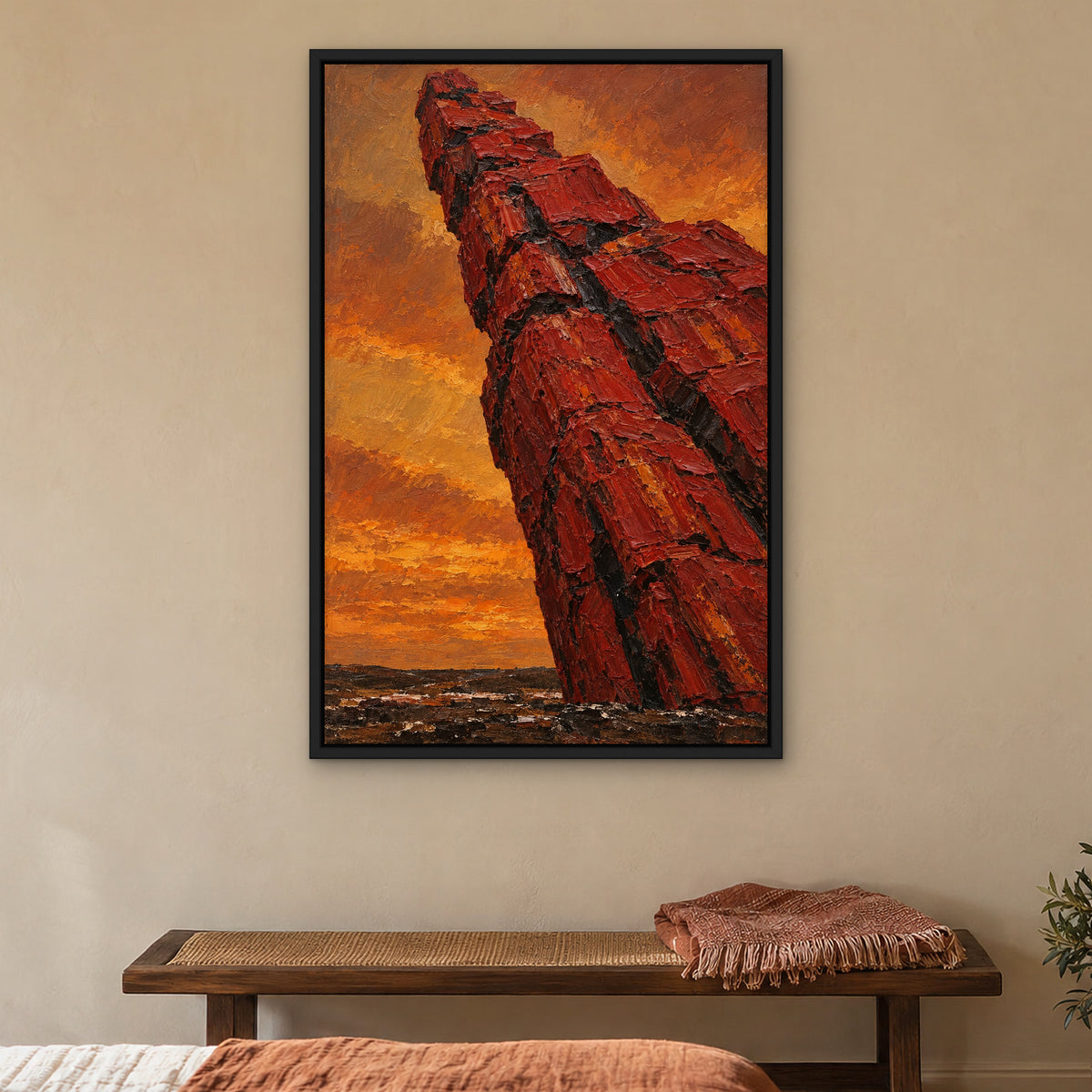 Crimson Totem, colourful abstract hand-painted canvas wall art in a bedroom – Gallery 23