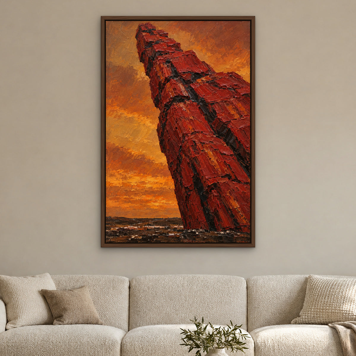 Crimson Totem, colourful abstract hand-painted canvas wall art in a living room – Gallery 23