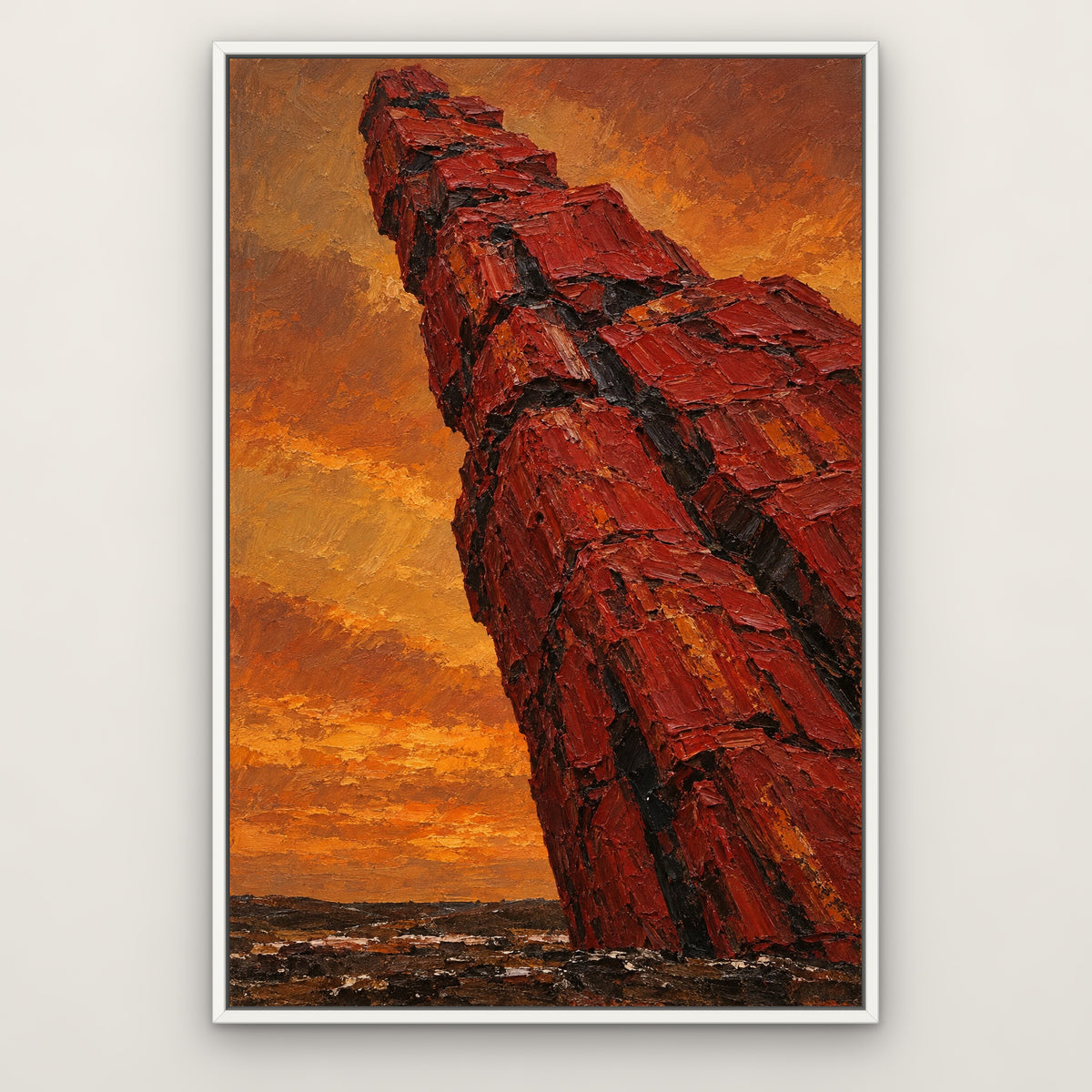 Crimson Totem, colourful abstract hand-painted canvas wall art in a slim white float frame – Gallery 23