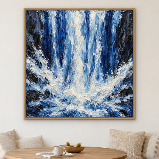 Blue Torrent, neutral abstract hand-painted canvas wall art in a kitchen nook – Gallery 23