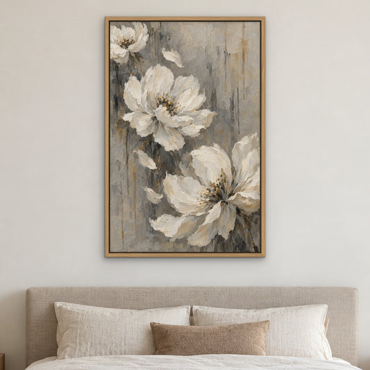 White Petal Drift, grey floral hand-painted canvas wall art in a bedroom – Gallery 23