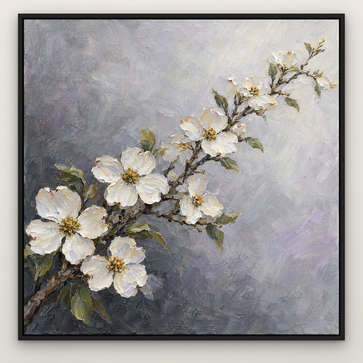 Dogwood in Silver, gold floral hand-painted canvas wall art in a slim black float frame – Gallery 23