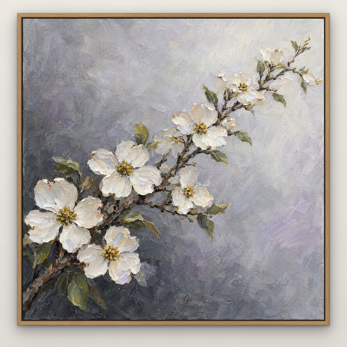 Dogwood in Silver, gold floral hand-painted canvas wall art in a slim oak float frame – Gallery 23