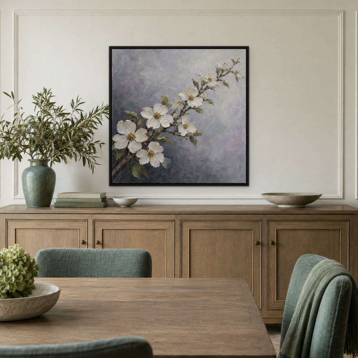 Dogwood in Silver, gold floral hand-painted canvas wall art in a dining room – Gallery 23