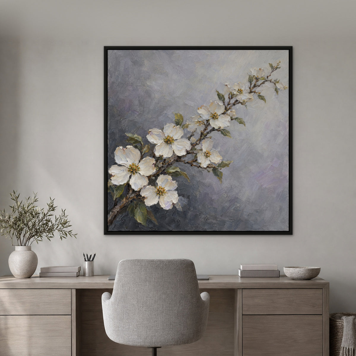 Dogwood in Silver, gold floral hand-painted canvas wall art in a home office – Gallery 23