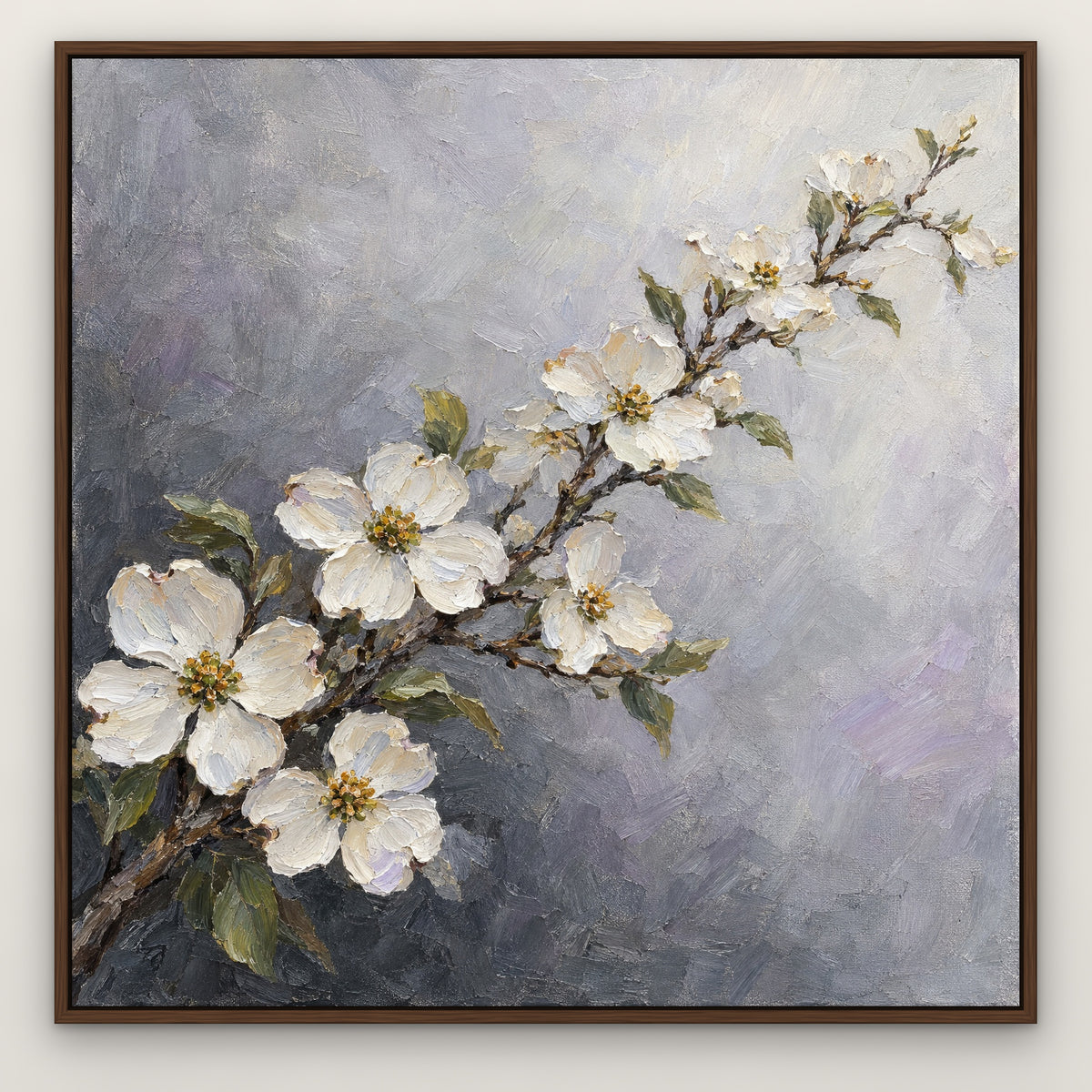Dogwood in Silver, gold floral hand-painted canvas wall art in a slim walnut float frame – Gallery 23
