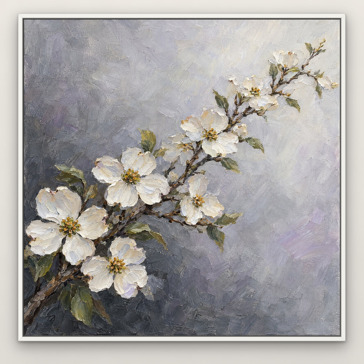 Dogwood in Silver, gold floral hand-painted canvas wall art in a slim white float frame – Gallery 23