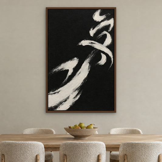 White Brush Glyphs, black and white abstract hand-painted canvas wall art in a dining room – Gallery 23