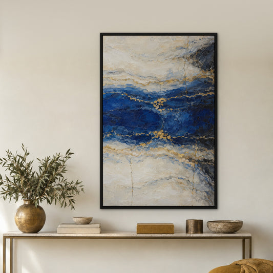 Lapis Marble Gold, blue abstract hand-painted canvas wall art in a hallway – Gallery 23