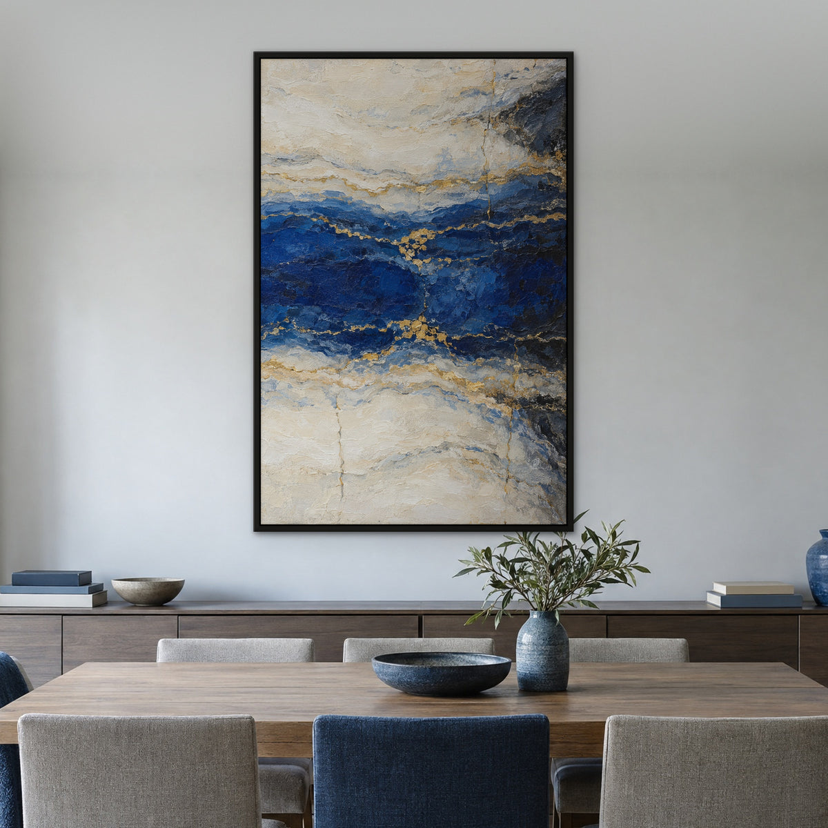 Lapis Marble Gold, blue abstract hand-painted canvas wall art in a dining room – Gallery 23