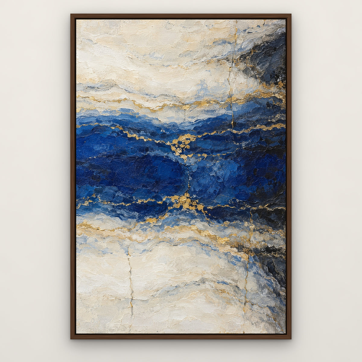 Lapis Marble Gold, blue abstract hand-painted canvas wall art in a slim walnut float frame – Gallery 23