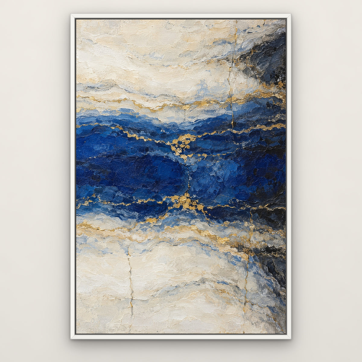Lapis Marble Gold, blue abstract hand-painted canvas wall art in a slim white float frame – Gallery 23