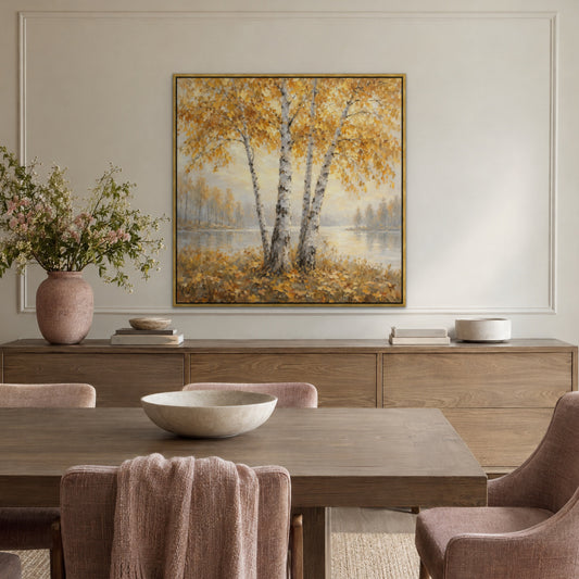 Golden Birch Light, neutral landscape hand-painted canvas wall art in a dining room – Gallery 23