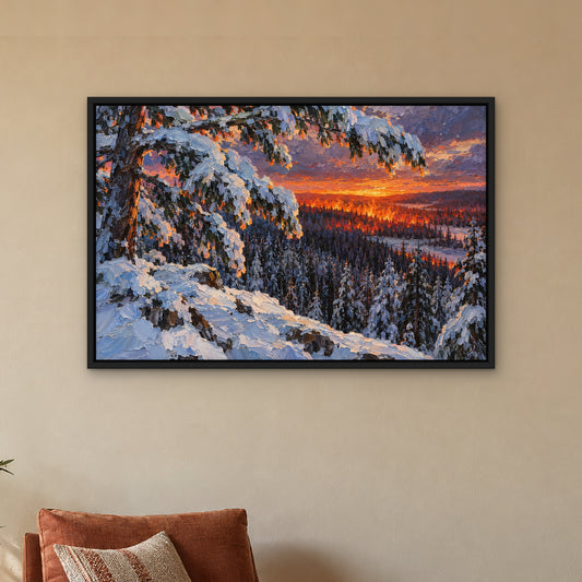 Winter Blaze Woods, orange landscape hand-painted canvas wall art in a reading corner – Gallery 23