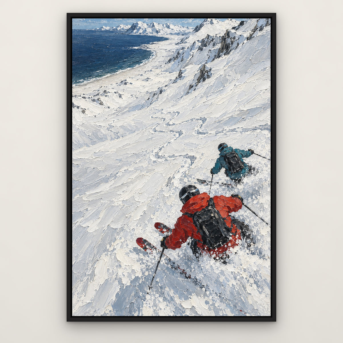 Snow Beach Skiers, blue mountain landscape hand-painted canvas wall art in a slim black float frame – Gallery 23