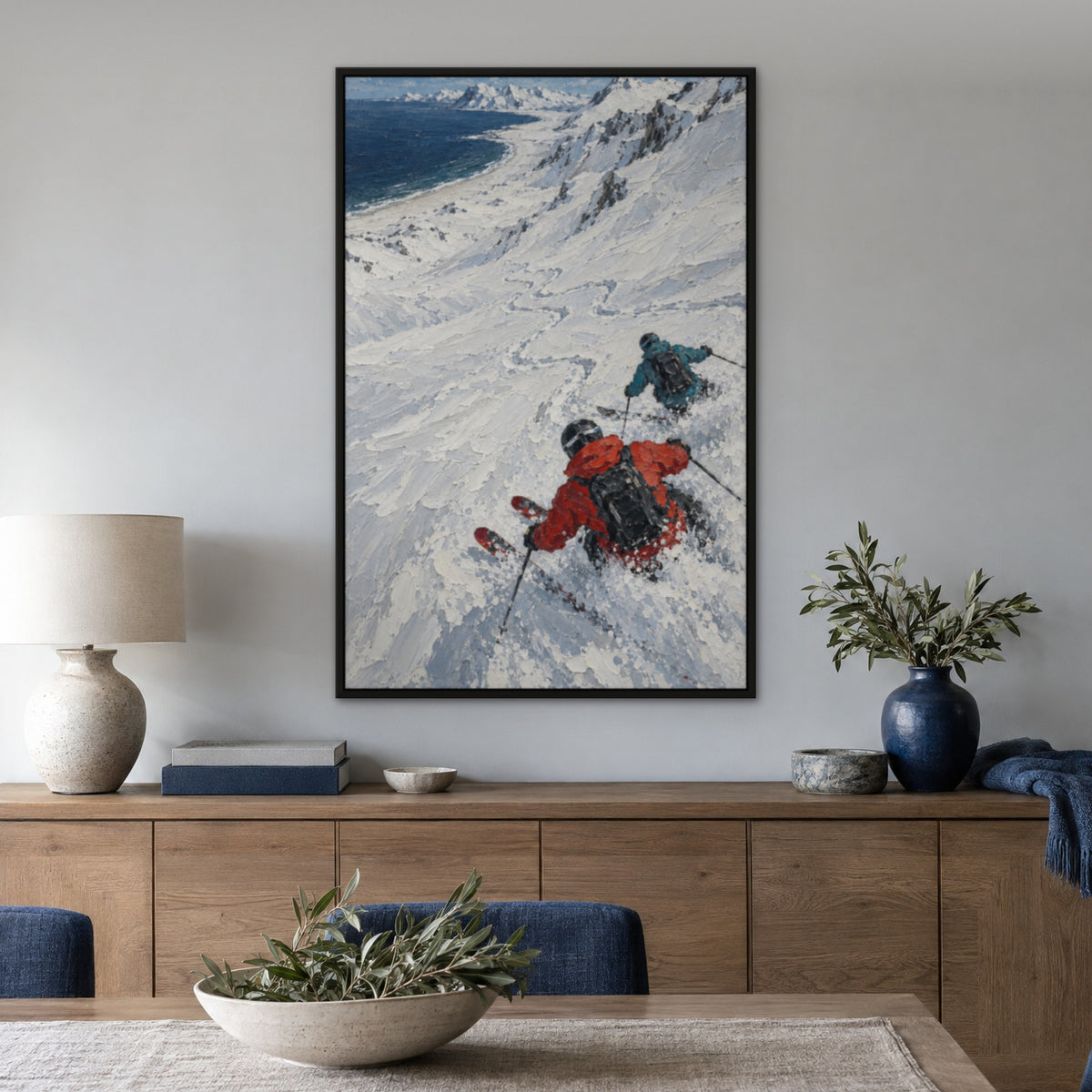 Snow Beach Skiers, blue mountain landscape hand-painted canvas wall art in a dining room – Gallery 23