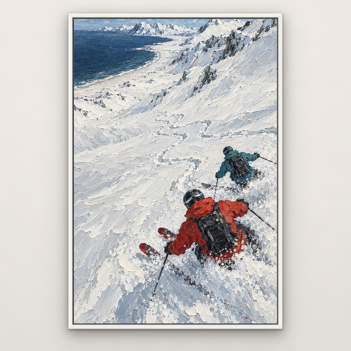 Snow Beach Skiers, blue mountain landscape hand-painted canvas wall art in a slim white float frame – Gallery 23