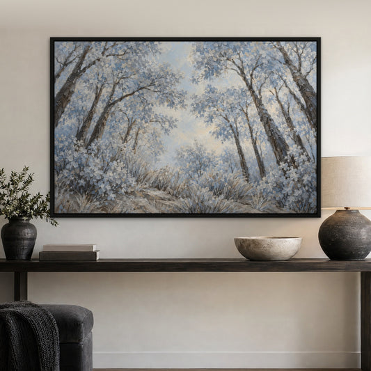 Frosted Grove, brown landscape hand-painted canvas wall art in a hallway – Gallery 23