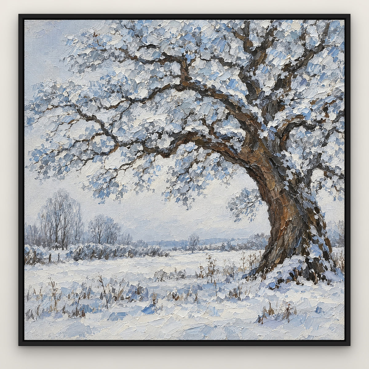 Frosted Oak, blue landscape hand-painted canvas wall art in a slim black float frame – Gallery 23