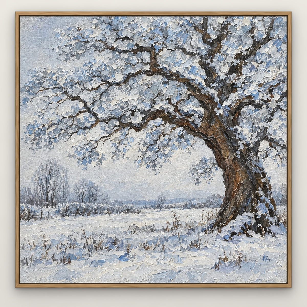 Frosted Oak, blue landscape hand-painted canvas wall art in a slim oak float frame – Gallery 23