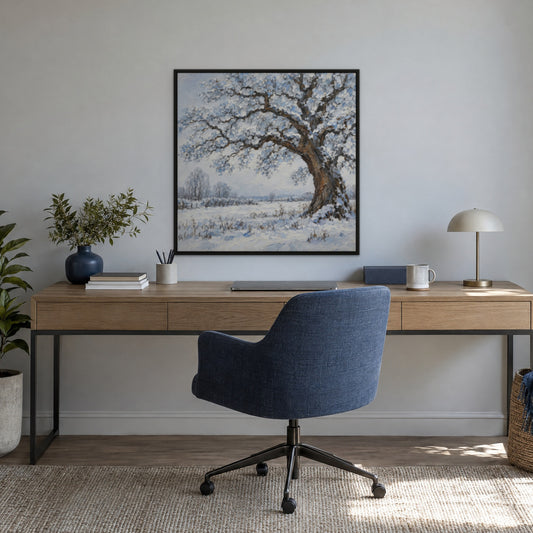 Frosted Oak, blue landscape hand-painted canvas wall art in a home office – Gallery 23