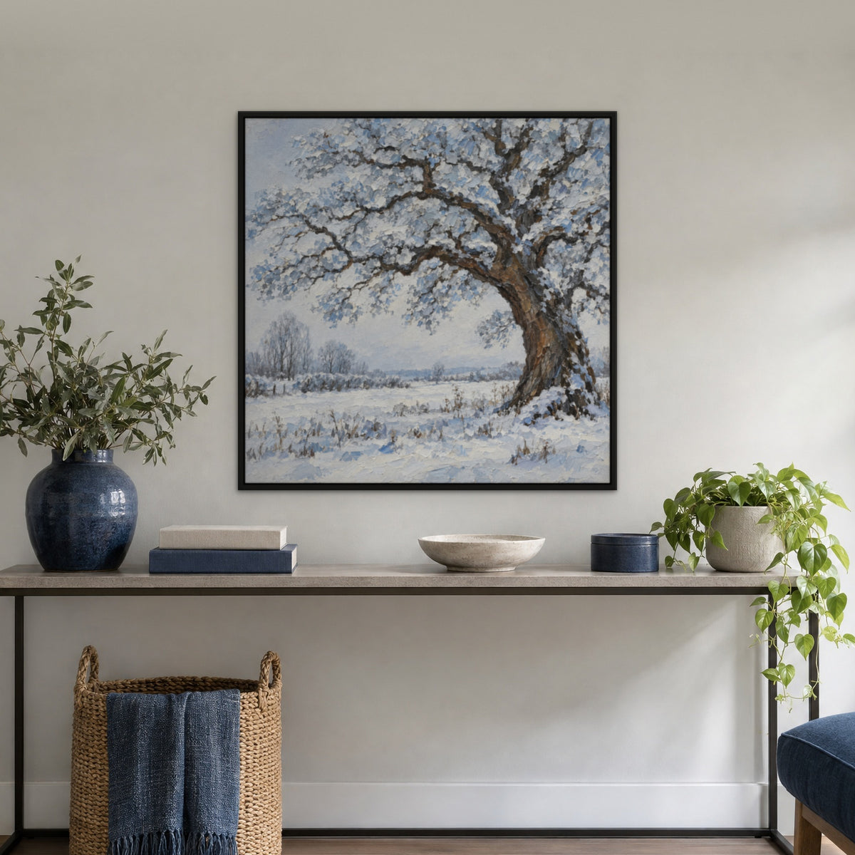 Frosted Oak, blue landscape hand-painted canvas wall art in a hallway – Gallery 23