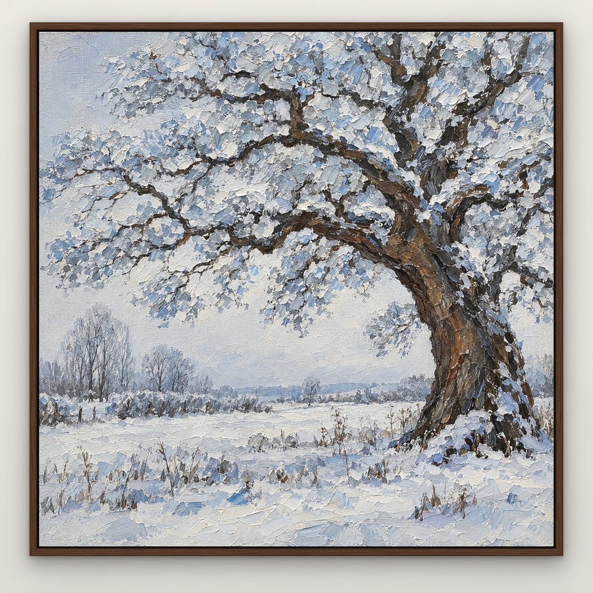Frosted Oak, blue landscape hand-painted canvas wall art in a slim walnut float frame – Gallery 23