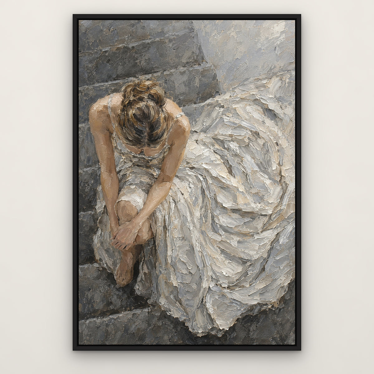 Silver Gown Reverie, grey figurative hand-painted canvas wall art in a slim black float frame – Gallery 23