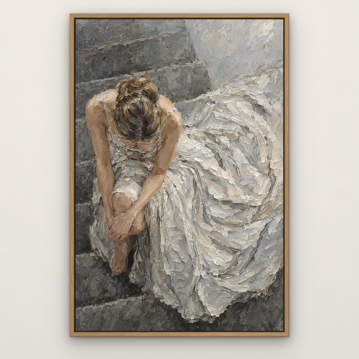 Silver Gown Reverie, grey figurative hand-painted canvas wall art in a slim oak float frame – Gallery 23