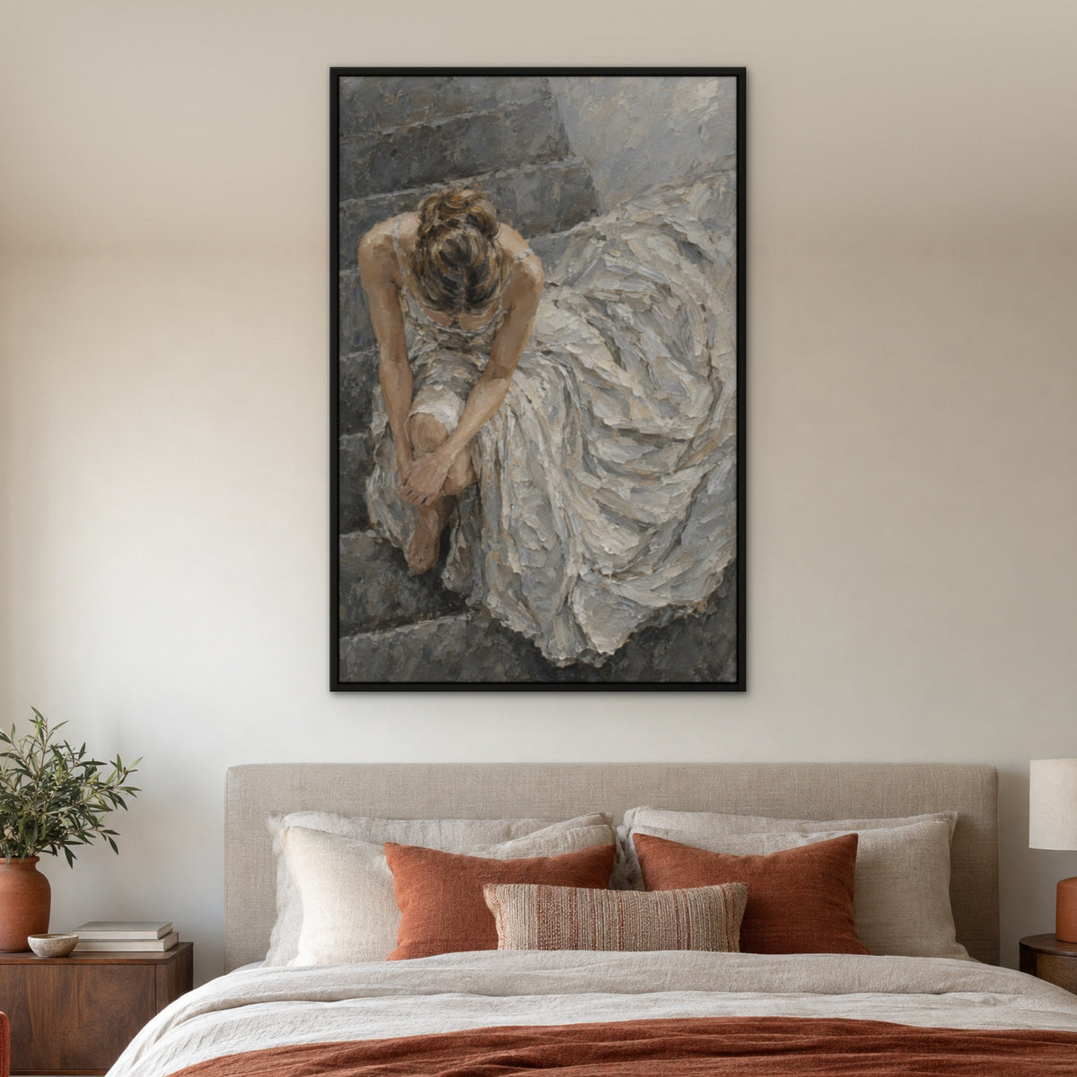 Silver Gown Reverie, grey figurative hand-painted canvas wall art in a bedroom – Gallery 23
