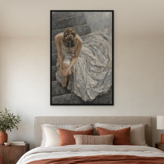 Silver Gown Reverie, grey figurative hand-painted canvas wall art in a bedroom – Gallery 23