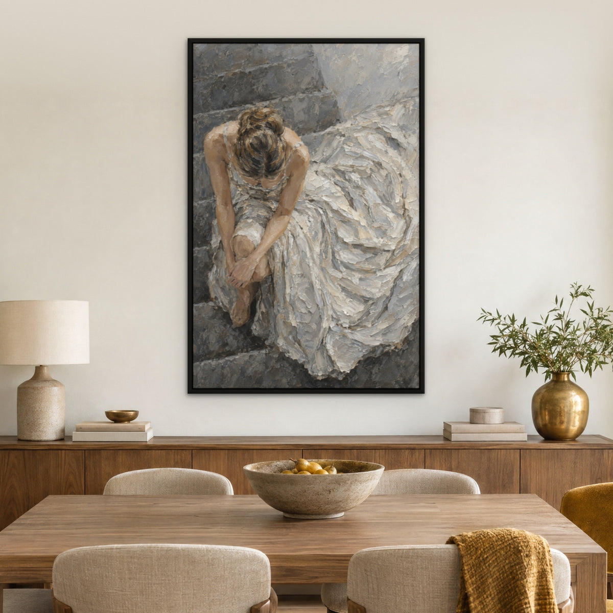 Silver Gown Reverie, grey figurative hand-painted canvas wall art in a dining room – Gallery 23