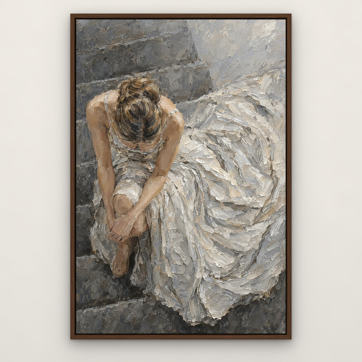 Silver Gown Reverie, grey figurative hand-painted canvas wall art in a slim walnut float frame – Gallery 23