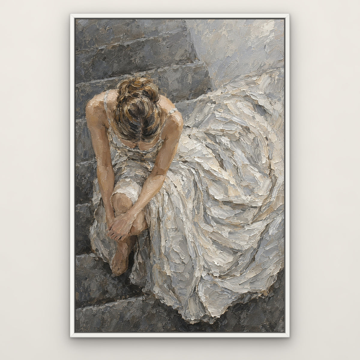Silver Gown Reverie, grey figurative hand-painted canvas wall art in a slim white float frame – Gallery 23